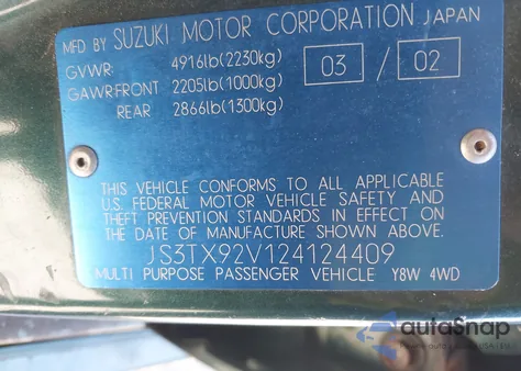 2002 Suzuki Xl-7 Limited/Plus/Standard/Touring из США, поврежденный, VIN JS3TX92V124124409